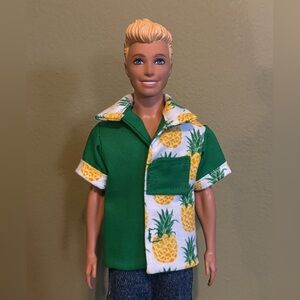 Handcrafted pineapple print color block style doll shirt in green